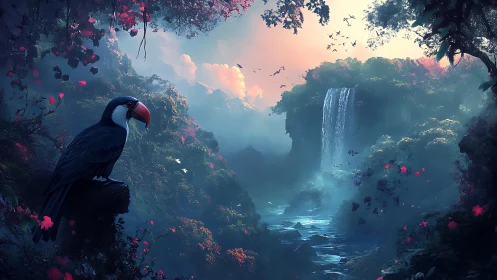 Toucan overlooks misty cyan river and luminous waterfall.