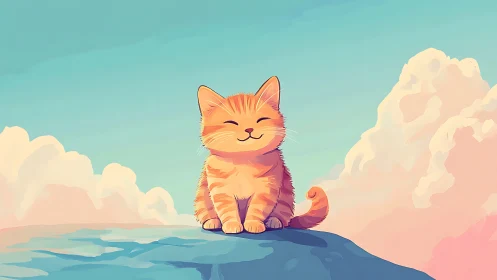 Ginger Cat Seated Upon Clouds in Serene Atmospheric Landscape