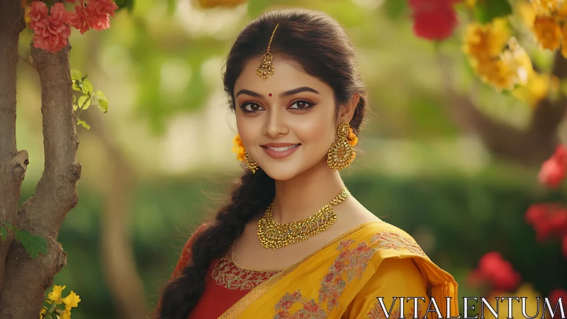 Portrait of woman in yellow saree, gold jewelry, garden bokeh