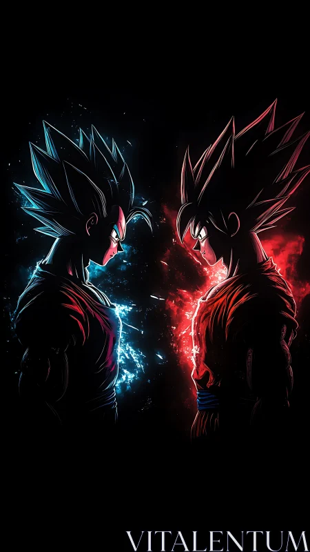 Opposed spiky haired fighters with blue and red energy auras.