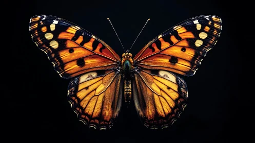 Orange and black butterfly wings spread on dark background