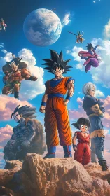 Group of anime warriors on rocky terrain under large planet.