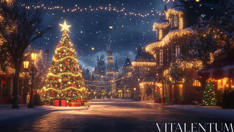 Majestic town square Christmas tree glows under falling snow.