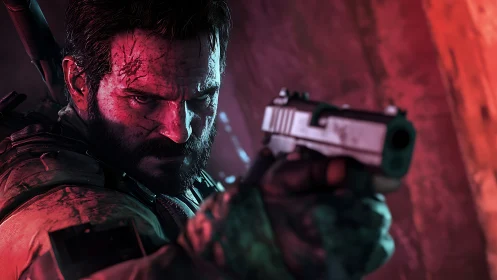 Battle-hardened gunfighter locked in neon-soaked standoff.