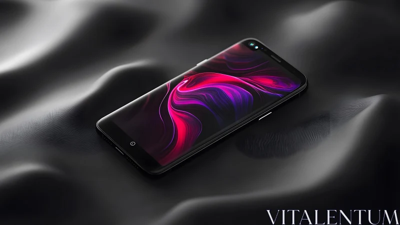 Sleek modern smartphone on black satin surface, digital art style.