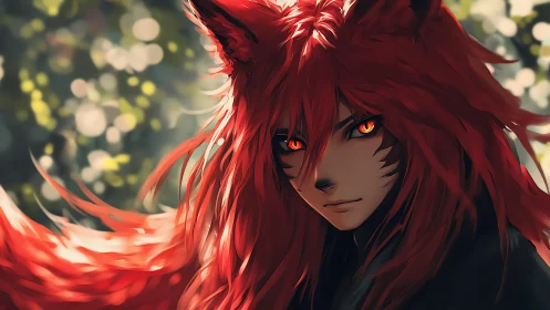 Fox-eared warrior stares through golden forest bokeh glow.