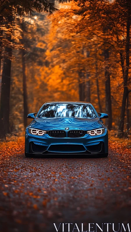 Blue performance coupe prowls through a tunnel of burning leaves