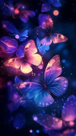 Glowing neon butterflies drift softly through a cosmic night