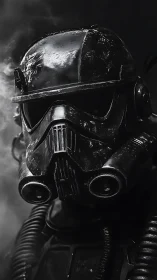 Scorched void trooper broods in drifting industrial smoke.