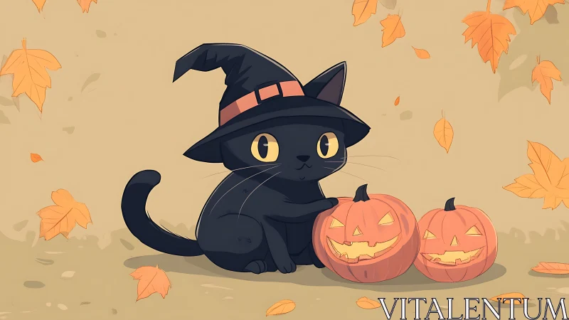 Black Cat Wearing Witch Hat With Halloween Pumpkins