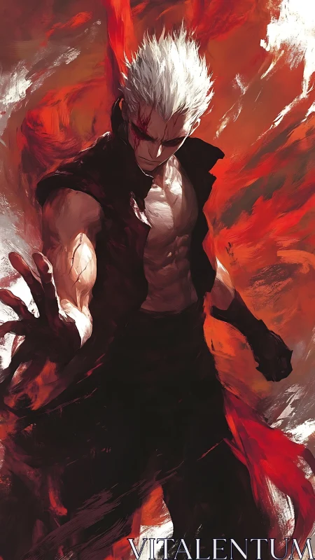 White-haired fighter in dynamic red and black energy field.