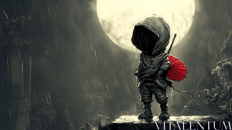 Moonlit hooded wanderer with a quiet crimson umbrella.
