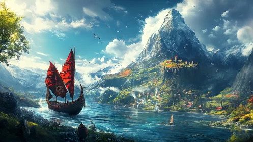 Viking longship with red sails approaches fortified mountain harbor