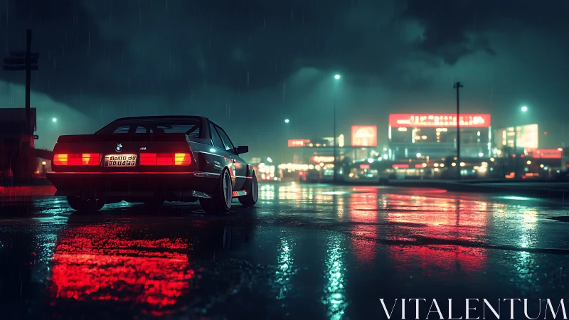 Midnight coupe haunts neon-soaked streets in silver rain.