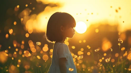 Backlit child silhouette in shallow depth sunset bokeh field