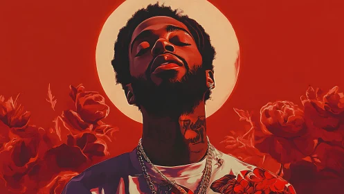 Backlit portrait of tattooed man with floral red background halo