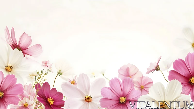 Pink and White Cosmos Flowers with Golden Centers Against Soft Cream Background.