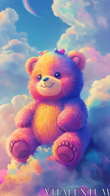 Rainbow plush bear resting in dreamy pastel clouds.