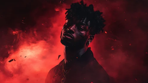 Cinematic red-tinged portrait with dramatic smoke and debris