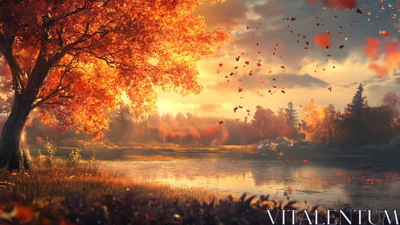 Autumn lakeside maple under golden backlit sunset sky.