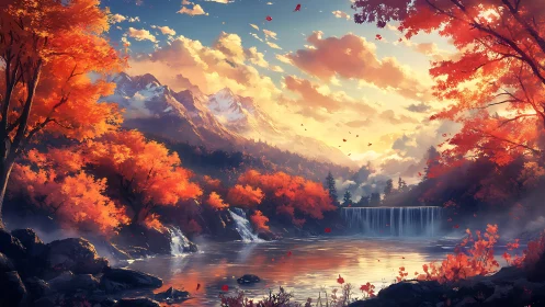 Golden autumn waterfall welcomes the quiet mountain dawn