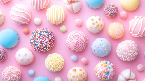 Arrangement of decorative spheres with varied surface treatments on pink background.