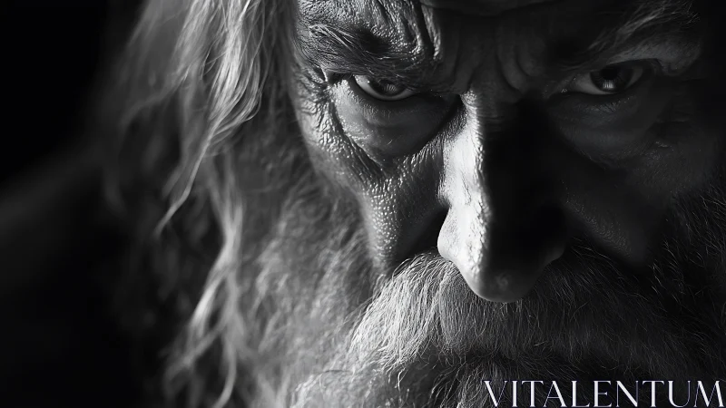 Intense close-up shows elderly bearded man with stern gaze