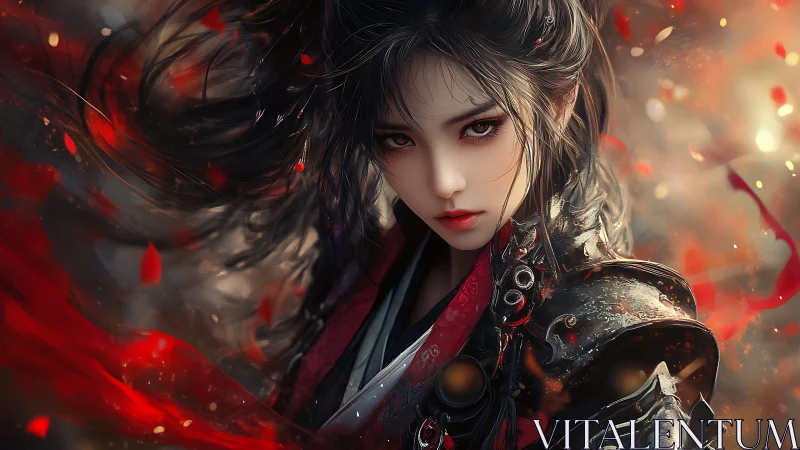 Warrior heroine in black armor amid swirling crimson embers.