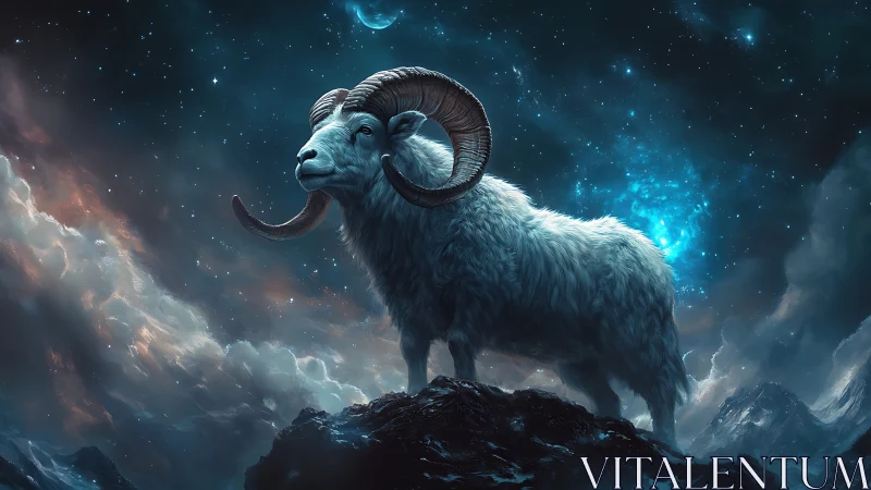Starlit mountain ram standing proud beneath cosmic skies.