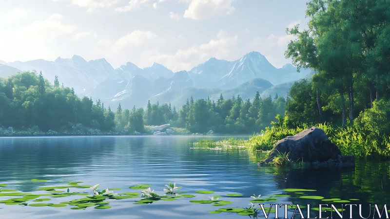 Mountain lake landscape with forest, lilies, and sunlight.