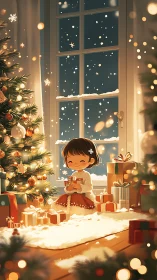 Snow-kissed child hugging presents by glowing tree window.
