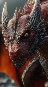 Detailed close-up of a red horned dragon head in profile.