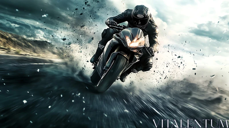 Motorcyclist leans into high speed corner on wet asphalt road