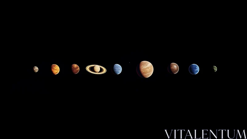 Solar system planets aligned on deep black cosmic backdrop.