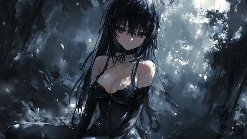 Quiet gothic girl resting in a moonlit, misty forest.