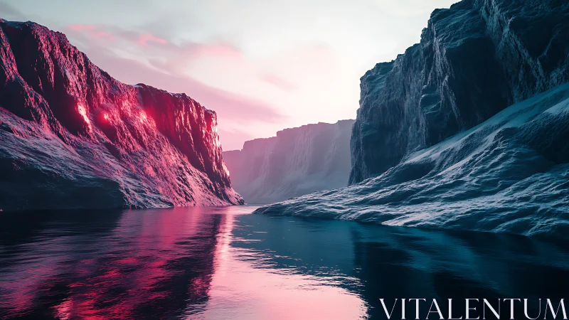 Glacial canyon reflects neon sunset across still water
