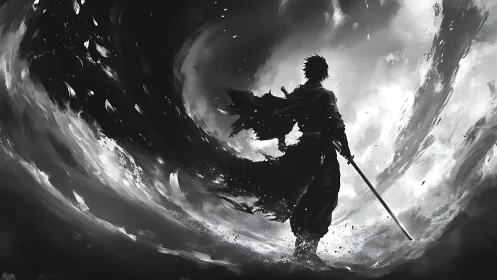 Samurai silhouette commands swirling monochrome vortex.
