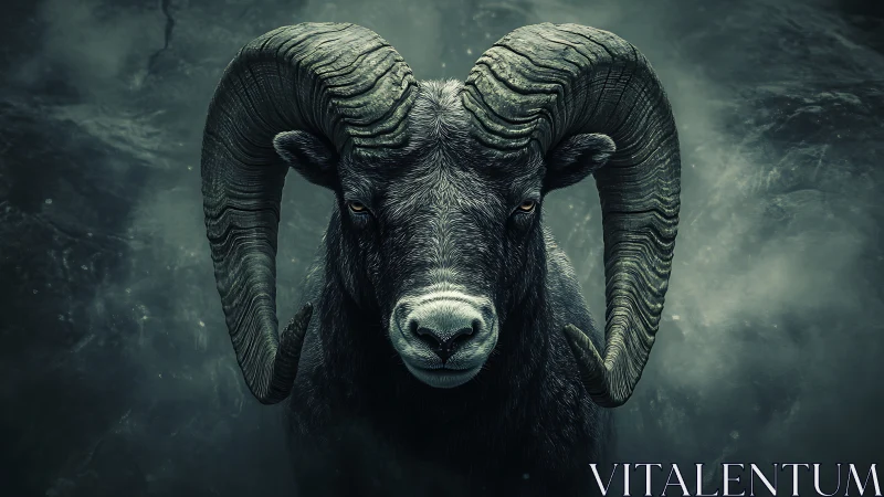 Stormborne ram king emerges from shadowed mountain mist.