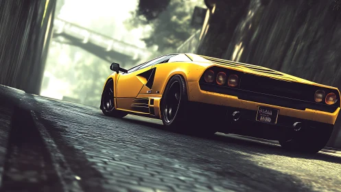 Photorealistic low-angle supercar on wet cobblestone street.