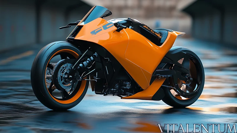 Futuristic orange superbike on wet urban roadway at dusk.