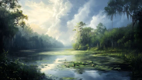 Sunlit mist over tranquil swamp lagoon at dawn