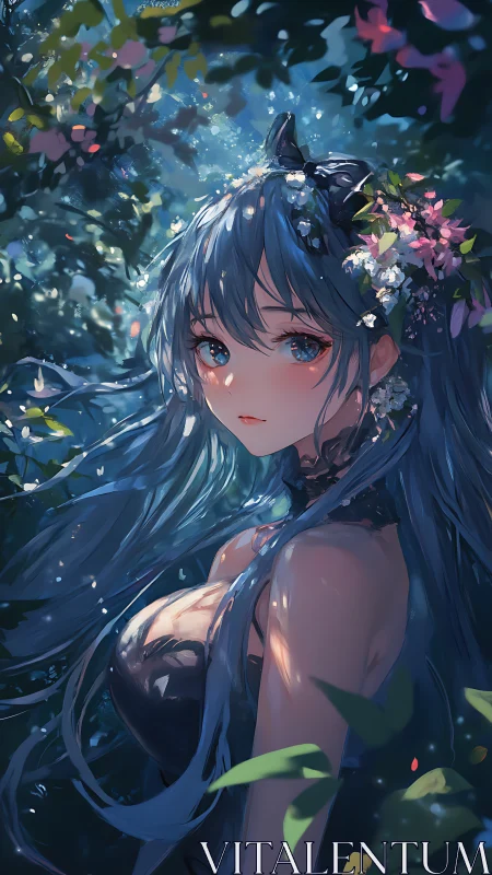 Forest nymph with blue hair under dappled twilight glow.