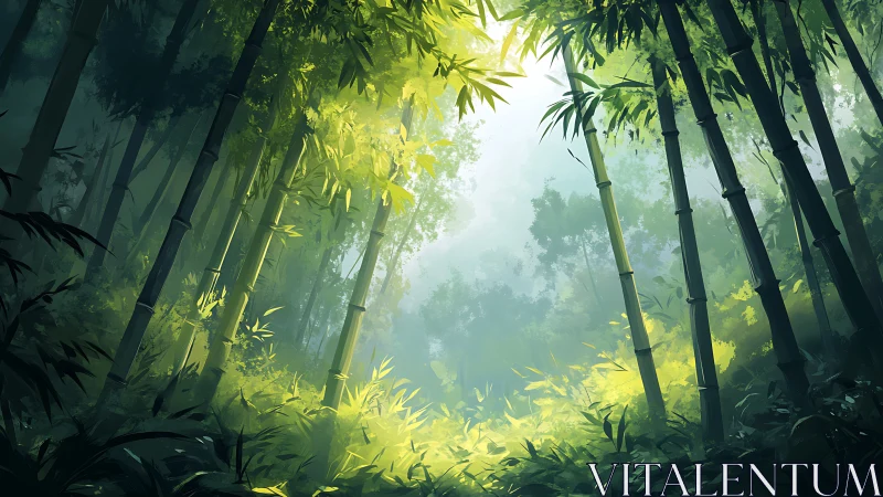 Sunlit Bamboo Forest Path Glows With Peaceful Serenity