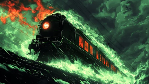 Infernal locomotive racing through neon green stormfire.
