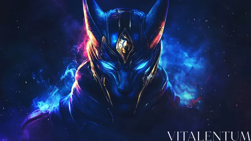 Cosmic jackal warrior in glowing blue and gold armor.