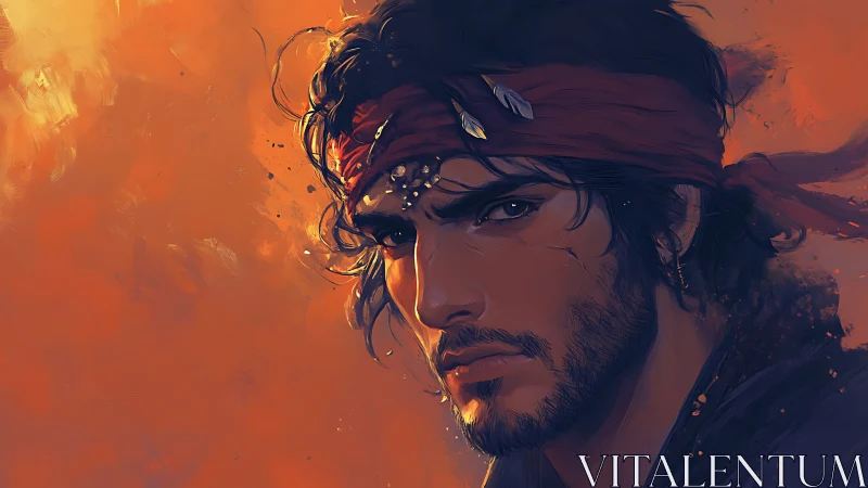 Chromatic portrait of bandanaed wanderer in ember light.