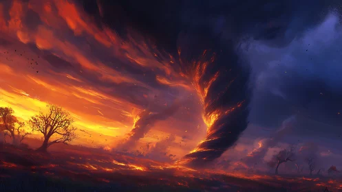 Massive tornado-shaped fire storm erupts across dark sky.
