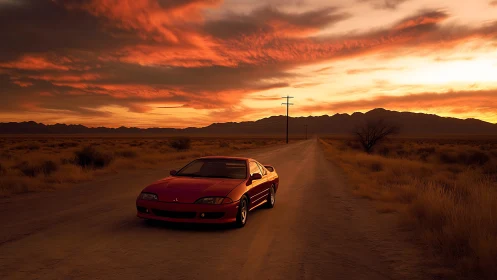 Red coupe on rural dirt road under dense sunset sky.
