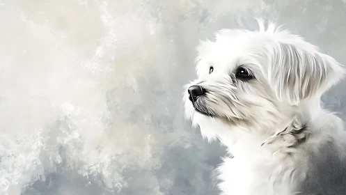 Snow-soft pup gazes into a dreamy, painted horizon.