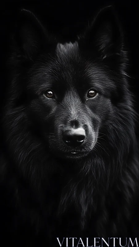 Midnight wolf-dog gaze carved from velvet shadow fur.